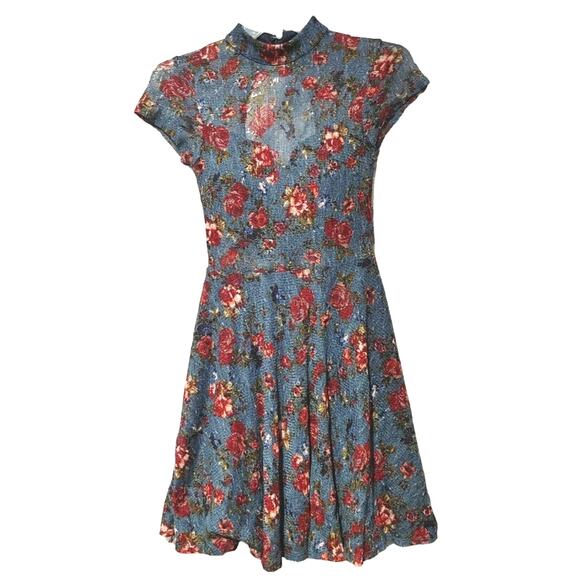 Sequin Hearts Fit & Flare Dress Cap Sleeve Navy Red Rose Floral Womens Size 1 - Picture 1 of 8